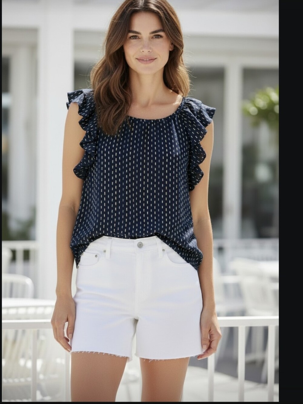 Loft Navy Blue Flutter Sleeve Blouse | Multicolor Dotted Ruffle Top | Size Small